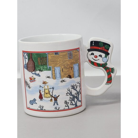 Vintage Christmas Mug‎ With Snowman Handle & Winter Scene Illustration - Picture 1 of 11